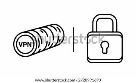 A simple black and white line drawing shows two distinct icons side-by-side, separated by a thin vertical line. On the left is a cylindrical object with the letters 'VPN' visible on its circular end, suggesting a Virtual Private Network. The cylinder has a ribbed texture. To the right is a classic padlock icon, symbolizing security and protection. The overall image conveys the concept of online privacy and data security facilitated by VPN services.