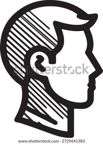 A simple black and white line drawing depicts the profile of a man's head facing right, featuring stylized parallel lines within the hair and neck area.