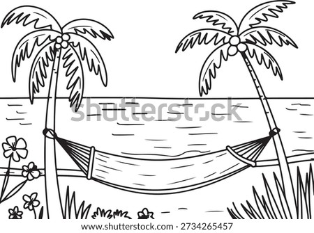 Simple black and white line drawing of a relaxing tropical beach featuring two palm trees, a hammock, flowers, and grass.