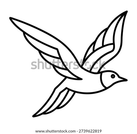 A simple black and white line drawing depicts a bird in mid flight wings outstretched and soaring