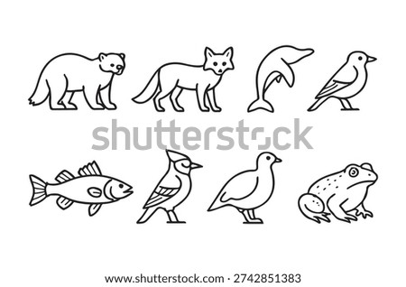 A simple black and white line drawing depicts a collection of various animal icons in a row.