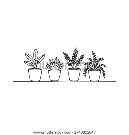 A simple black and white line drawing depicts four potted plants arranged neatly in a row