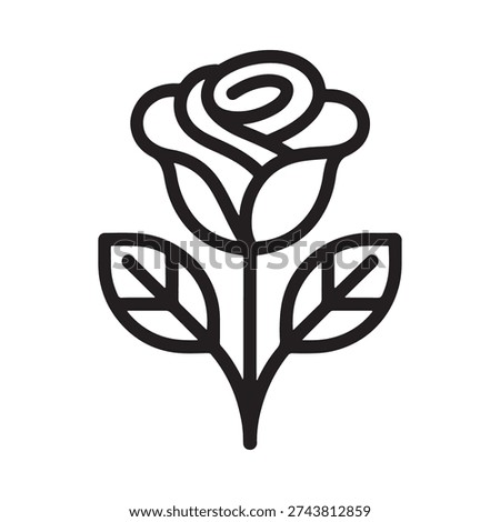 A simple black and white line drawing depicts a rose with leaves showcasing elegant floral artistry