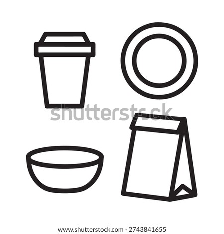 A simple black and white line drawing depicts a coffee cup plate bowl and takeout container
