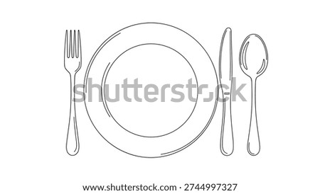 Simple black and white line drawing of a complete table setting including a dinner plate, fork, knife, and spoon on white background.