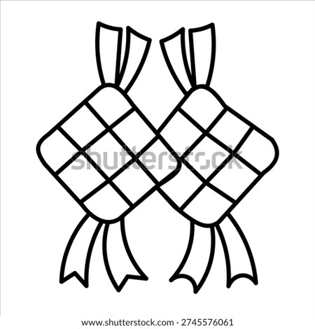 A simple black and white line drawing of two traditional diamond-shaped rice cakes, known as Ketupat, often associated with festive occasions.
