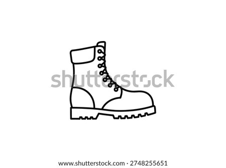 A simple black and white line drawing of a lace-up work boot with a thick tread is presented on a plain white background