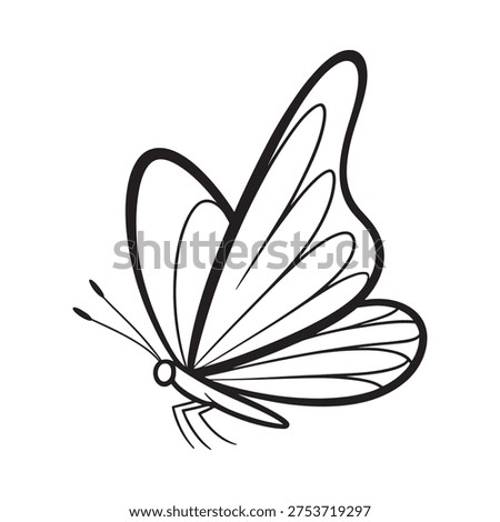 A simple black and white line drawing of a butterfly in flight