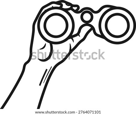 A simple, black and white line drawing depicts a hand firmly grasping a pair of classic binoculars, suggesting adventure.