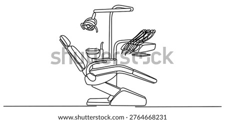 A simple black and white line drawing of a professional dental chair with medical equipment. Vector, illustration