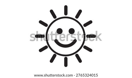A simple black and white line drawing of a smiling sun with rays emanating from its circular face.
