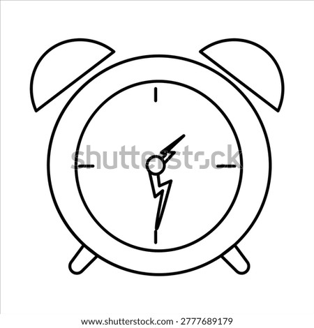 A simple black and white line drawing of an alarm clock with two bells on top. The clock face shows the time as approximately 6:30.