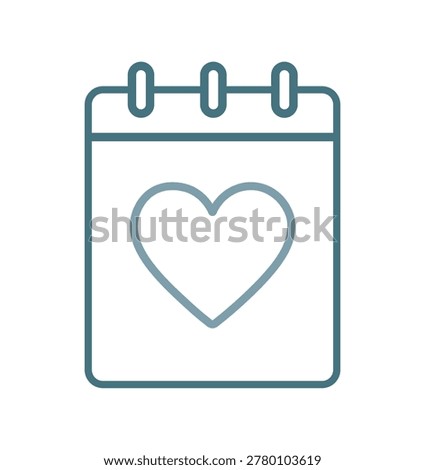A simple black and white line drawing depicts a calendar page with a heart inside it.
