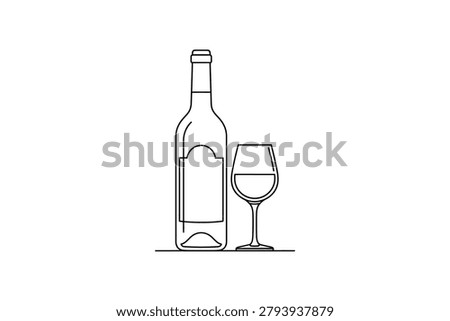 Simple black and white line drawing of a wine bottle next to a wine glass, minimalist vector style artwork design element.