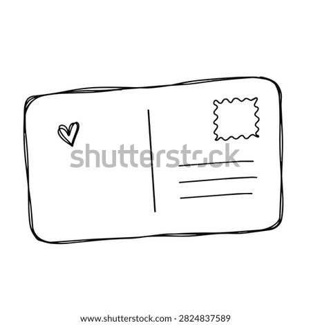 A simple black and white line drawing of a blank postcard featuring a heart icon and a stamp space.