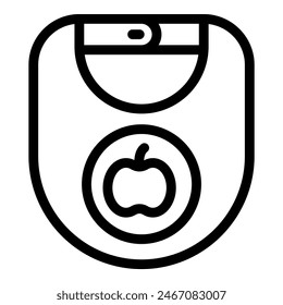 Simple black and white line icon of a baby bib with an apple design