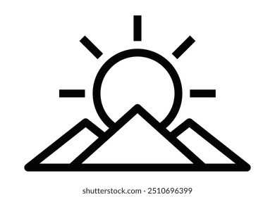 Simples ícone de linha preta e branca de um nascer do sol sobre montanhas, simbolizando a natureza, os começos e a esperança. Ilustração vetorial. Traçado editável