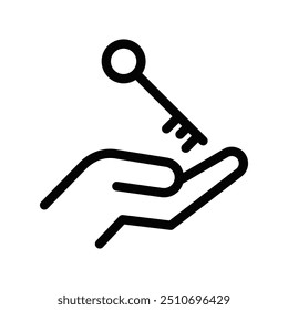 Simple black and white line icon of a hand holding a key, symbolizing security, access, and real estate. Vector illustration. Editable stroke.