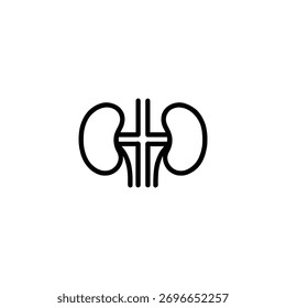 Un simple icono de línea en blanco y negro que representa dos riñones humanos conectados por una cruz médica.