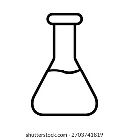 A simple black and white line icon of a laboratory flask with liquid. Ideal for science, chemistry, and educational design projects.
