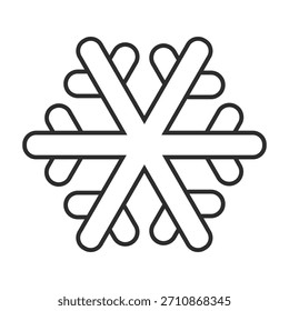 Einfaches schwarz-weißes Liniensymbol einer stilisierten Schneeflocke mit sechs Armen und abgerundeten Enden