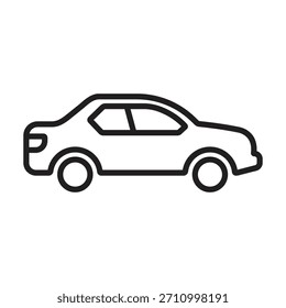 Simple black and white line icon of a sedan car side view. Minimalist vector vehicle symbol for transportation apps and UI design.
