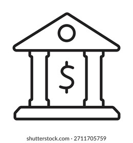 Einfaches schwarz-weißes Liniensymbol eines klassischen Bankgebäudes mit Säulen und einem Dollarzeichen. Vektorsymbol für Finanz- und Geldkonzepte.
