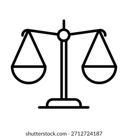 Icono de línea simple en blanco y negro de una escala de equilibrio que representa la ley, la justicia y la igualdad. Ilustración vectorial minimalista para diseños legales.

