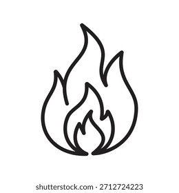 Simple black and white line icon of a burning fire flame. Minimalist vector symbol representing heat, energy, and power.
