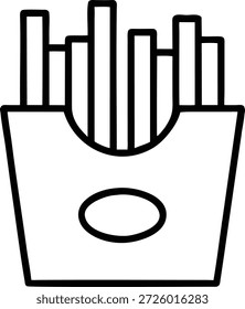 A simple black and white line icon of a container of french fries. Perfect for menus, food blogs, restaurants, and any food-related advertising or website. This versatile graphic can be used for online platforms, print materials, and social media content.