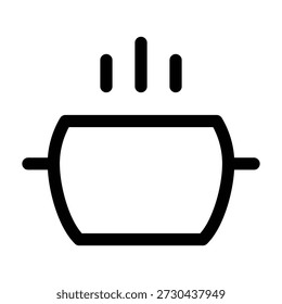 Simple black and white line icon of a cooking pot with two handles and steam rising above. This minimalist illustration represents heat, boiling, and food preparation, ideal for kitchen symbols and culinary graphics.