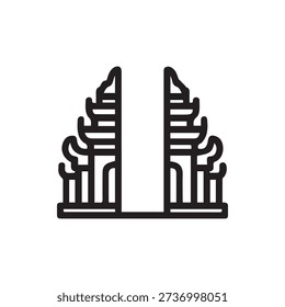 A simple black and white line icon of a Candi Bentar a traditional Balinese split gateway symbolizing the entrance to a Hindu temple or pura.