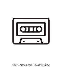 A simple black and white line icon of a retro audio cassette tape. This minimalist vector graphic represents vintage music, mixtapes, and 80s nostalgia.