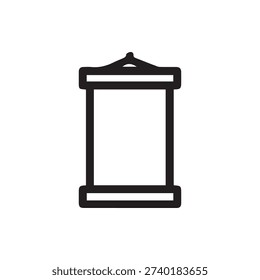 A simple black and white line icon of a hanging scroll or banner. Ideal for user interfaces, presentations, and designs related to history or art.