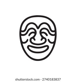 A simple black and white line icon of a traditional Korean Hahoe mask. The vector illustration features a smiling face, representing cultural heritage.