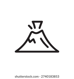 A simple black and white line icon of a volcano erupting. This vector graphic is perfect for geology, disaster, or nature-themed designs.