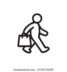 A simple black and white line icon of a person walking and carrying a bag. Ideal for shopping, business, or pedestrian-related user interfaces.