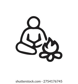 A simple black and white line icon of a person sitting cross-legged in front of a campfire. Ideal for camping, survival, or outdoor adventure themes.