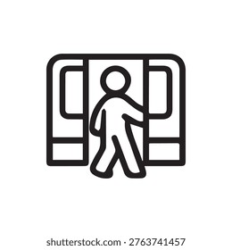A simple black and white line icon showing a person entering or exiting through the open doors of a public transport vehicle like a train or subway.