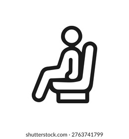 A simple black and white line icon of a person sitting in a seat. This vector graphic is ideal for transportation, safety, and passenger signs.