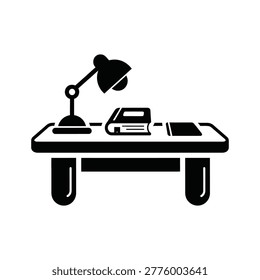 Simple black and white line icon of a compact workspace featuring a laptop and a flexible desk lamp on a small table with two legs.