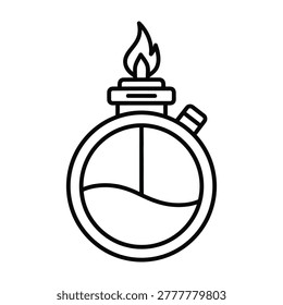 A simple black and white line icon of a round laboratory alcohol burner with a small flame. Ideal for science education, chemical experiment, and research concepts.