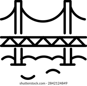 A simple black and white line icon of a suspension bridge crossing over water.
