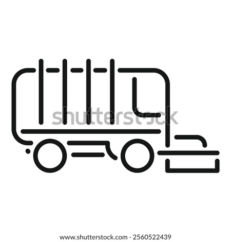Simple black and white line icon of a garbage truck collecting waste, perfect for projects related to sanitation and waste management