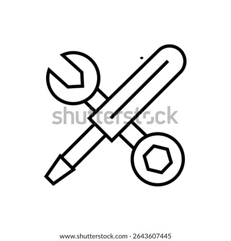 Simple black and white line icon of a wrench and screwdriver crossed in an X shape, symbolizing tools, repair, and settings. Ideal for user interfaces, maintenance pages, or tech content.