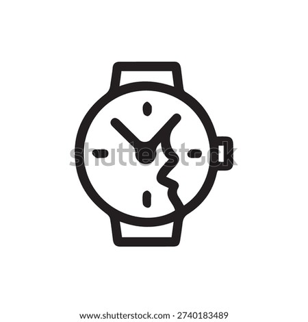 A simple black and white line icon of a damaged wristwatch. The cracked face symbolizes broken time, failure, defects, or an expired warranty.