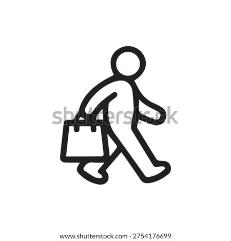 A simple black and white line icon of a person walking and carrying a bag. Ideal for shopping, business, or pedestrian-related user interfaces.