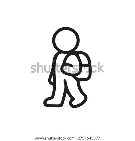 A simple black and white line icon of a person walking with a backpack. Ideal for travel, school, hiking, or pedestrian symbols. Vector illustration.