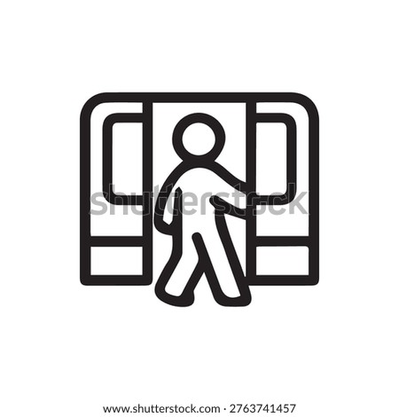 A simple black and white line icon showing a person entering or exiting through the open doors of a public transport vehicle like a train or subway.