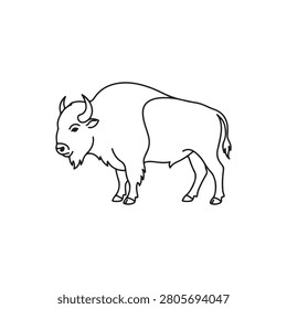 A simple black and white line of a North American bison in profile. The animal with curved horns and a shoulder hump.